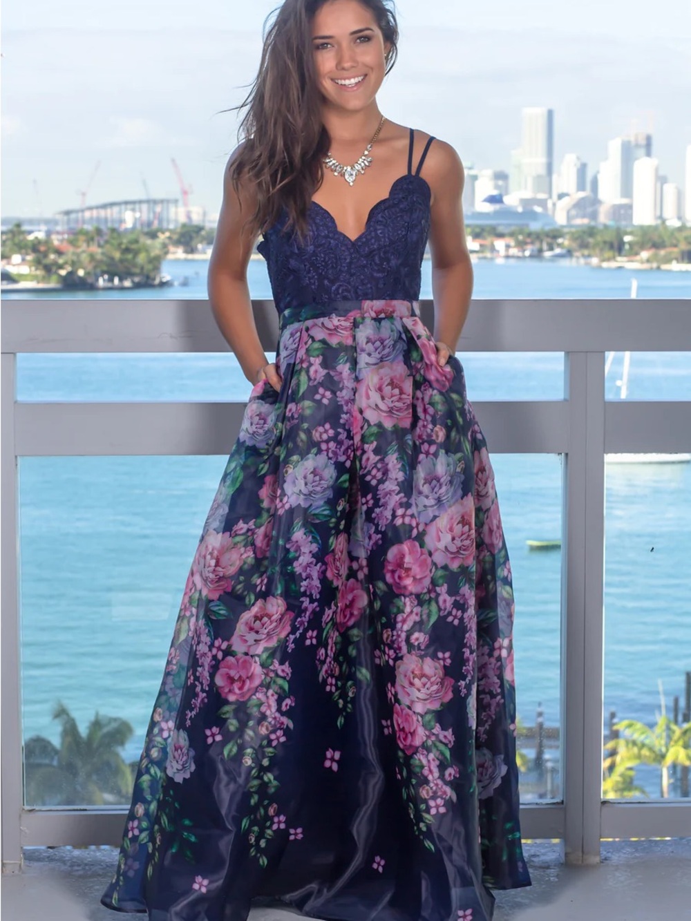 Navy Floral Lace Bodice Evening Dress